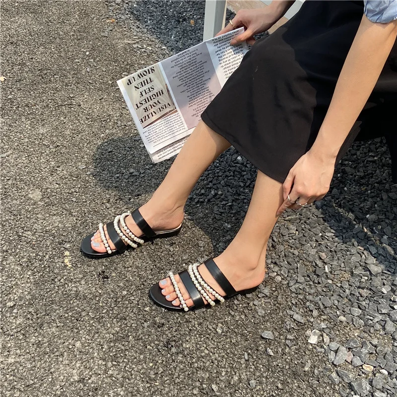 

Slippers Casual Shoes Low String Bead Slides Slipers Women Luxury Flat Soft Summer 2021 Rome Hoof Heels Fabric Basic PU Fashion