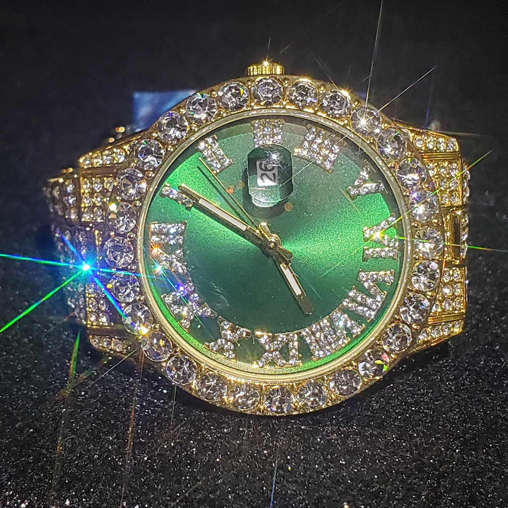 

Hip Hop MISSFOX Mens Iced Out Watches Luxury Hiphop Quartz Wristwatches Green Diamond Bling Automatic Date AAA Male Wrist Watch