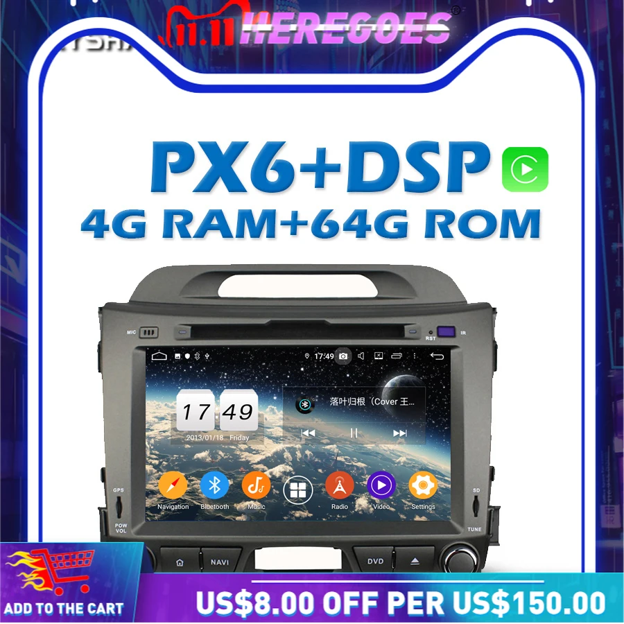 1280*720 PX6 IPS DSP Android 11.0 4GB 64GB ROM Car DVD Player Wifi Bluetooth 5.0 RDS GPS Map For KIA Sportage 2010 - 2013 2014 | Автомобили