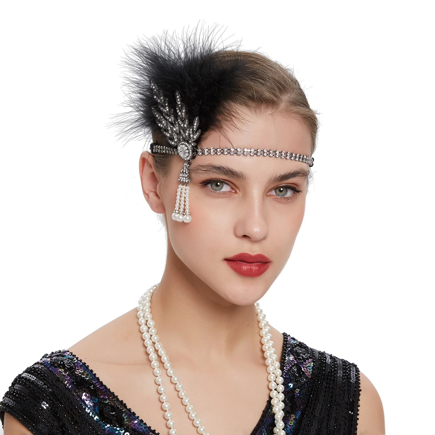 

Women Hair Accessories 1920s Flapper Headband Feather Headpiece Roaring 20s Great Gatsby Inspired Leaf Medallion Pearl Headband