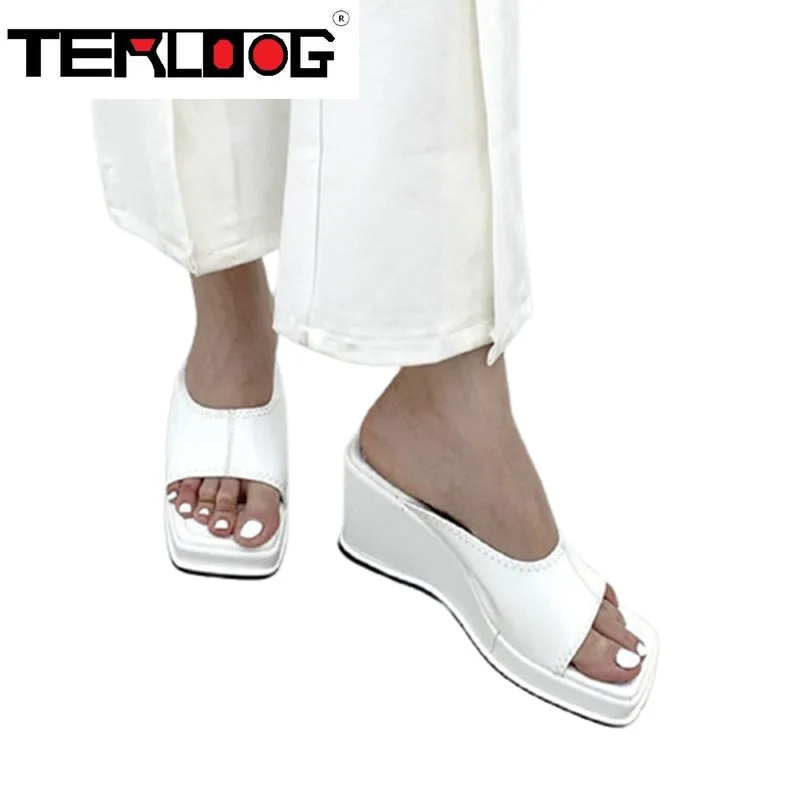

Heels Slippers Women Summer New 2021 Fashion Square Head Design Open Toe Sandals Wedge Platform Shoes Female Flip Flops Pumps