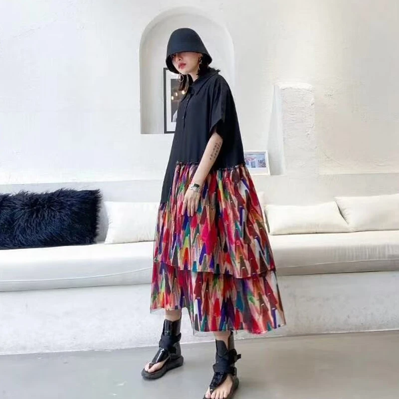 

CHICEVER Designer Dress For Women Lapel Short Sleeve Hit Color Loose Patchwork High Street Mid Dresses Female 2021 Clothes Tide