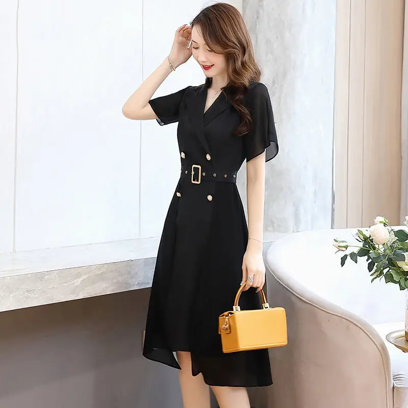 

Suit Collar Sexy Party Dress Women's 2021 Summer Celebrity Temperament Medium Length Slim French Skirt Vestidos Dresses Genuine