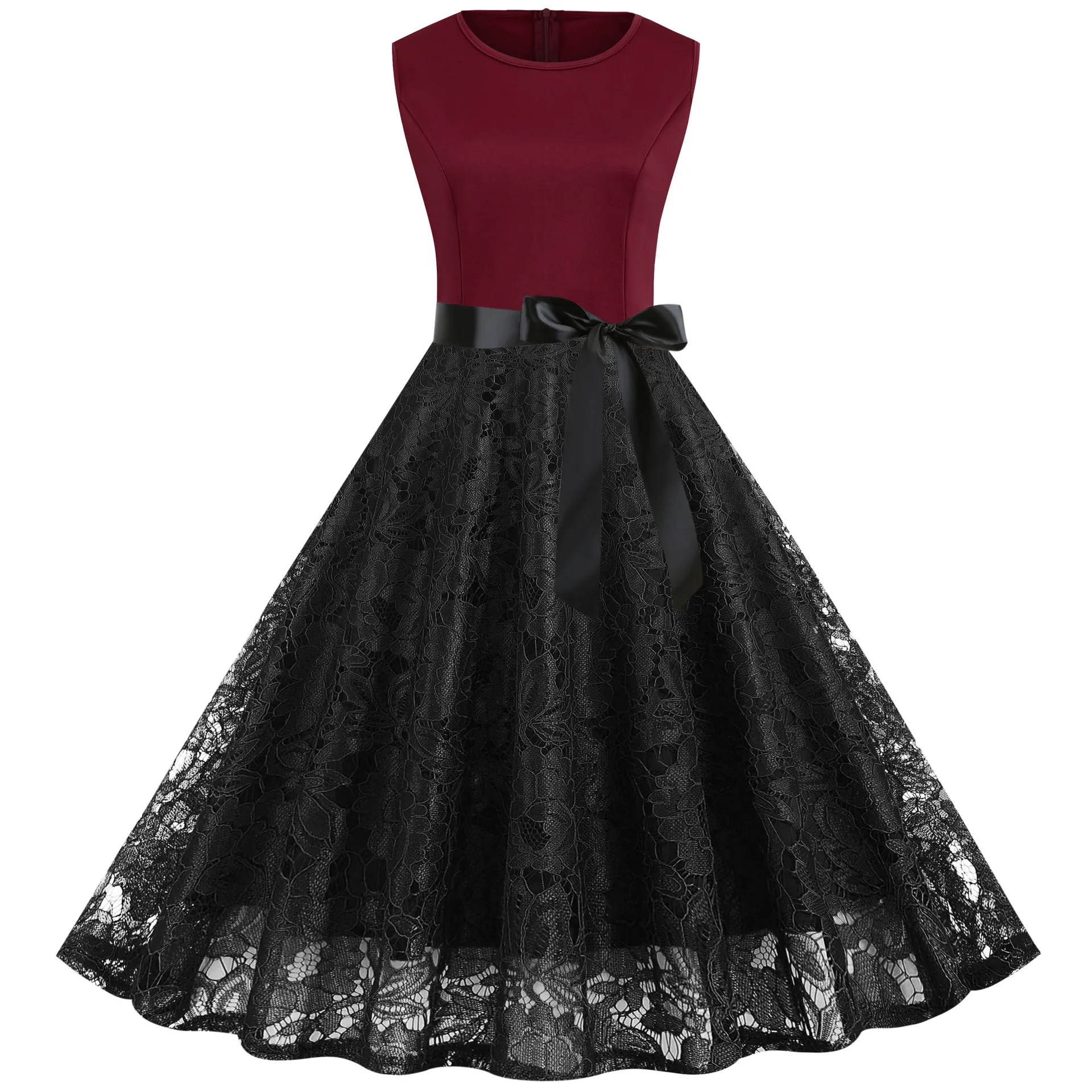 

2020 Summer Women's New Round Neck Sleeveless Lace Stitching Big Skirt Retro Belt Dress Fashion Temperament Casual Dress Elegant