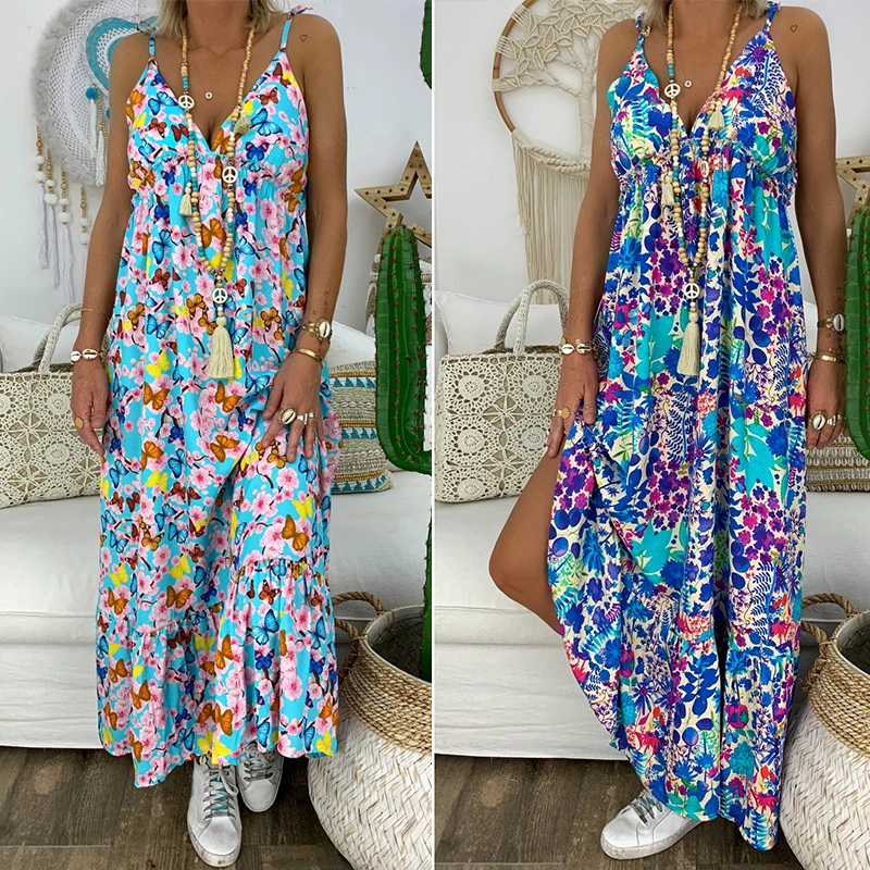 Элегантные женские платья в богемном стиле с цветочным принтом v образным