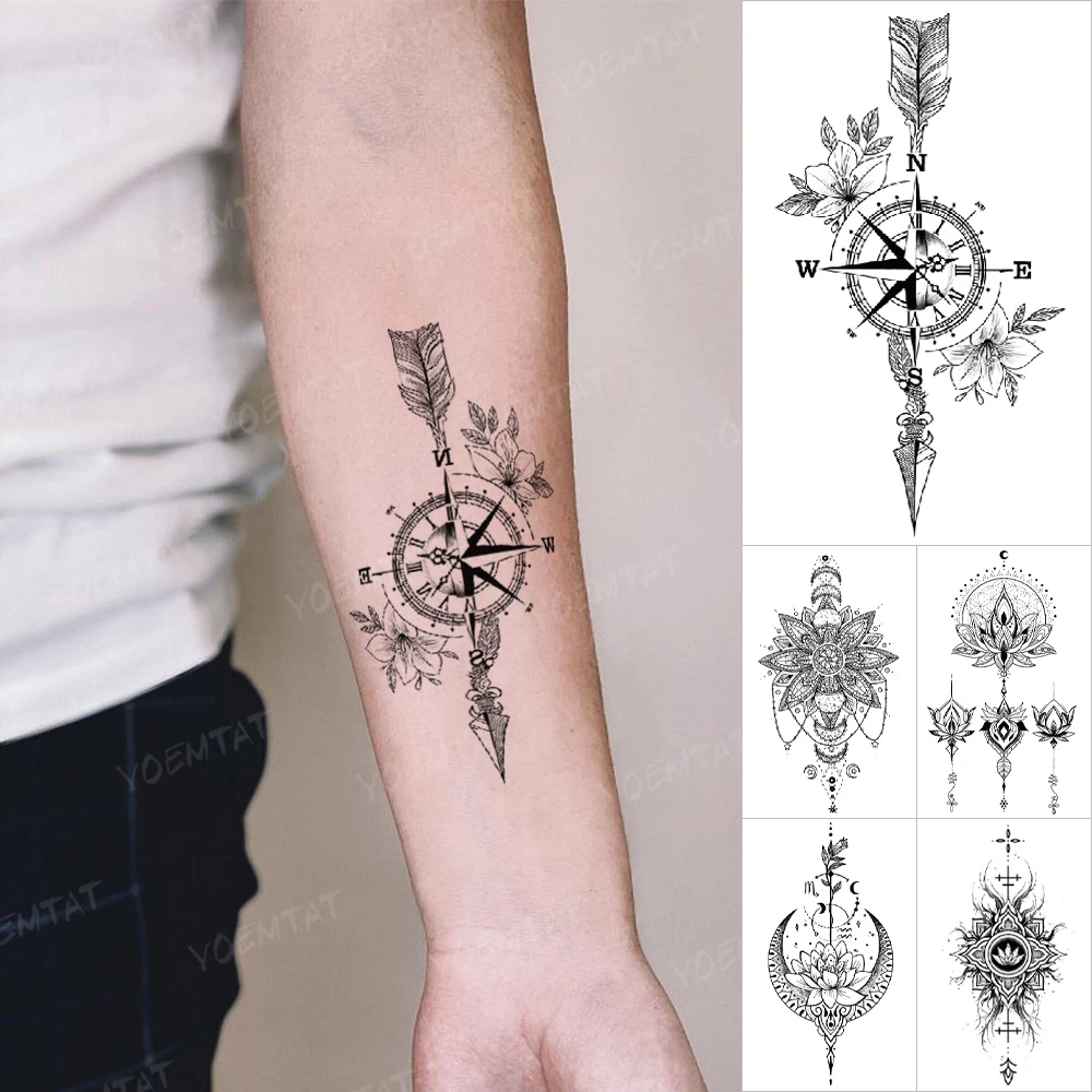 

Waterproof Temporary Tattoo Stickers Clock Compass Flower Arrow Henna Flash Tatoo Women Men Indian Hand-painted Small Fake Tatto