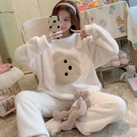 autumn and winter new warm and velvet padded pullover pajamas female cashmere student cute sweet home set cute pajamas women