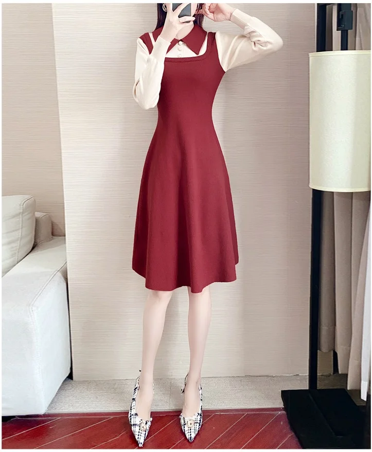 

Платье-Свитер, новинка, осеннее вязаное платье из двух частей, женское длинное платье с узором, милое характерное женское платье