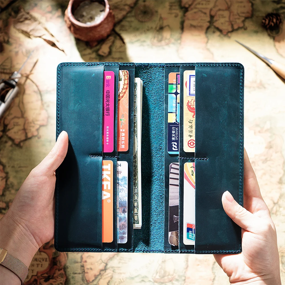 

100 pieces / lot 9.5x20.1 cm Crazy Horse Leather Long Wallets Genuine Leather Bifold Men Wallet Vintage Male Purse