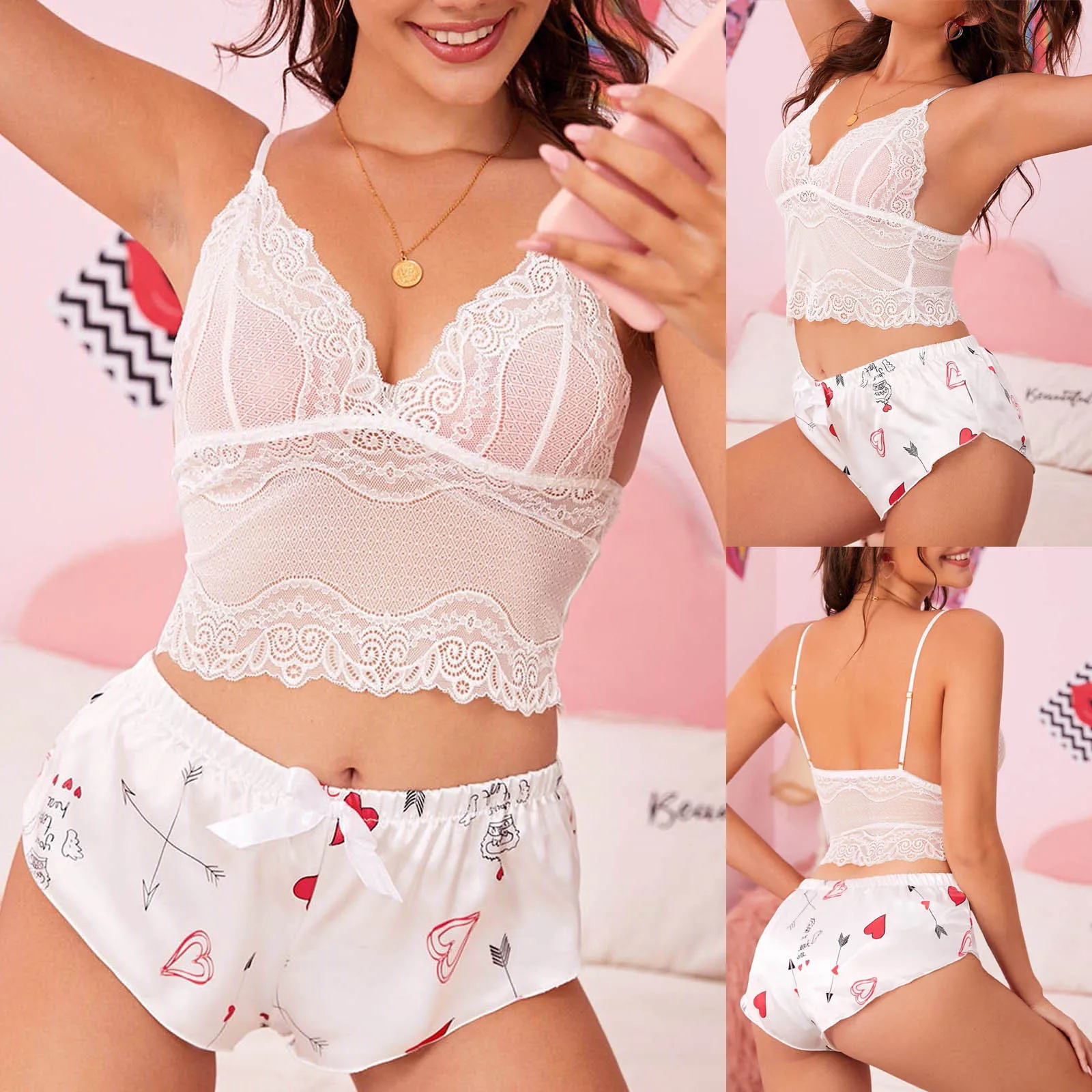 

Pajamas Women 2022 Summer Fashion Lace Tops Print Shorts Satin Silk Sexy Lingerie Sleeveless Pyjama Femme Pajama Sets Breathable