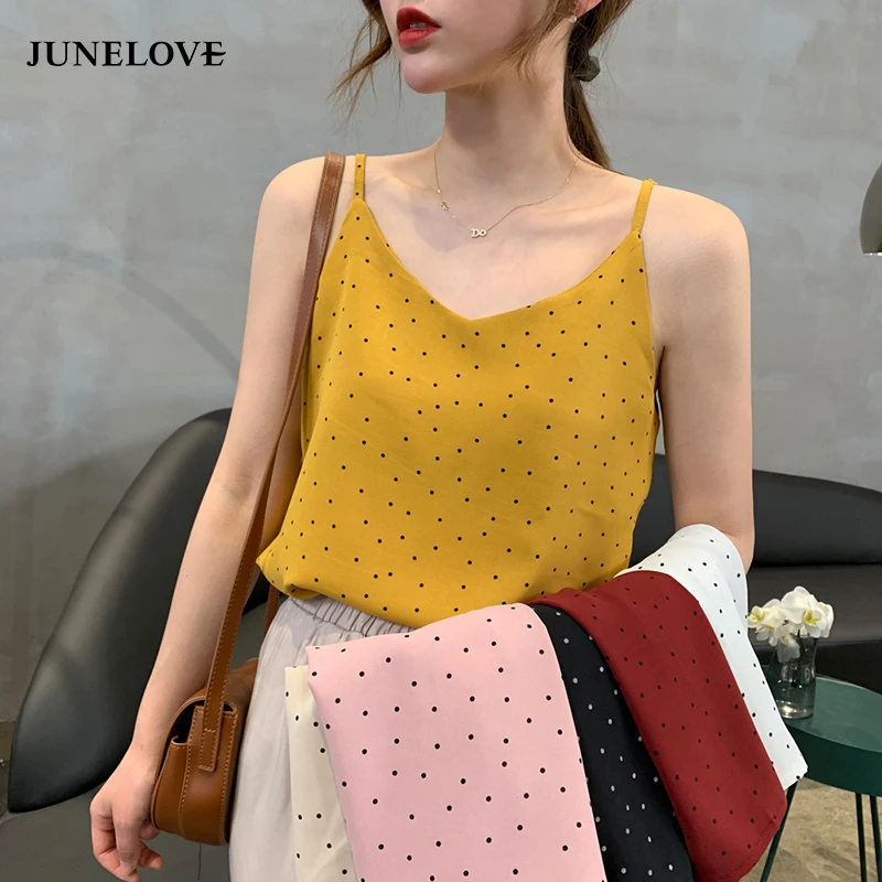 Топ женский шифоновый с V-образным вырезом без рукавов открытой спиной в горошек