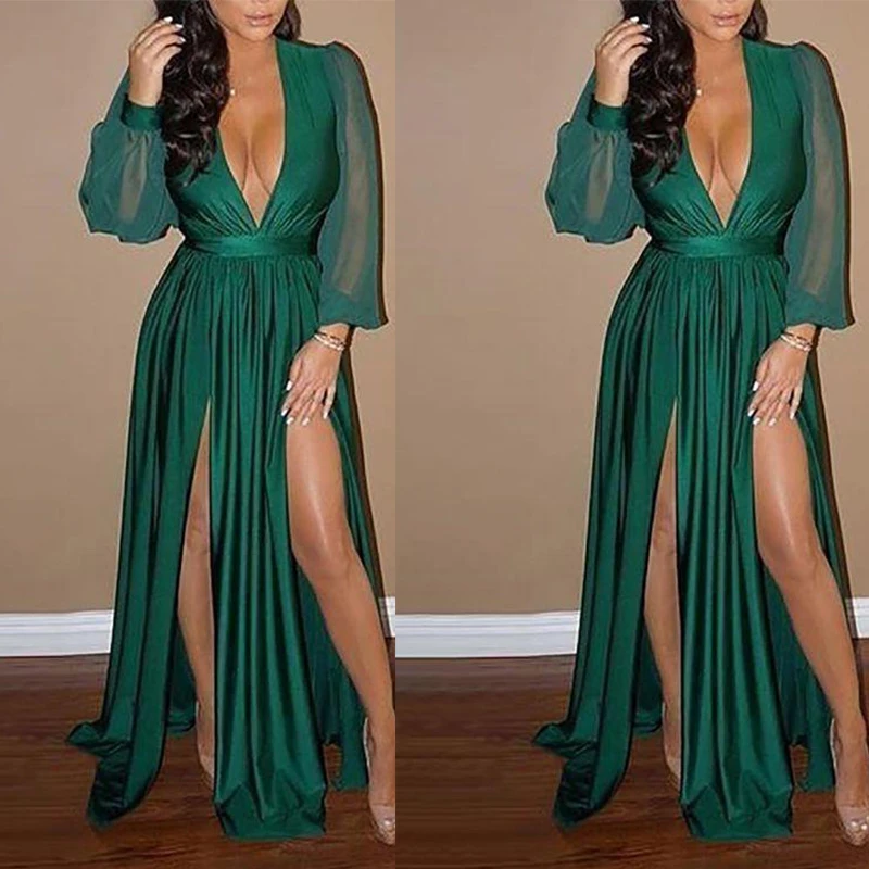 

Sexy Cheap Custom Made Long Sleeves Green Deep V Neck High Slit Women Prom Dress Evening Dresses Gowns