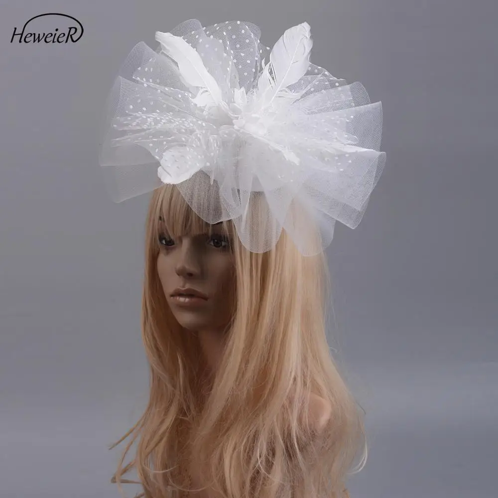 

Women Fascinator Lace Feather Veil Cocktail Hair Clip Ladies Large Hats Black/White Headwear Accessories Party Wedding Hairpins