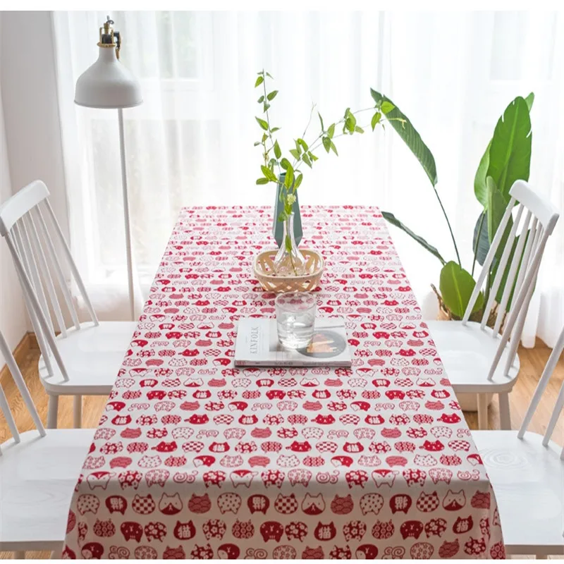 Cute Cartoon Tablecloth Cat Cotton Linen Kitchen Coffee Tea Table Cloth Rectangular Home Living Room Desk Cover | Дом и сад