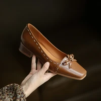 2021 new spring women pumps natural leather shoes 22 25cm retro square toe bow sewing thread decoration heels for women