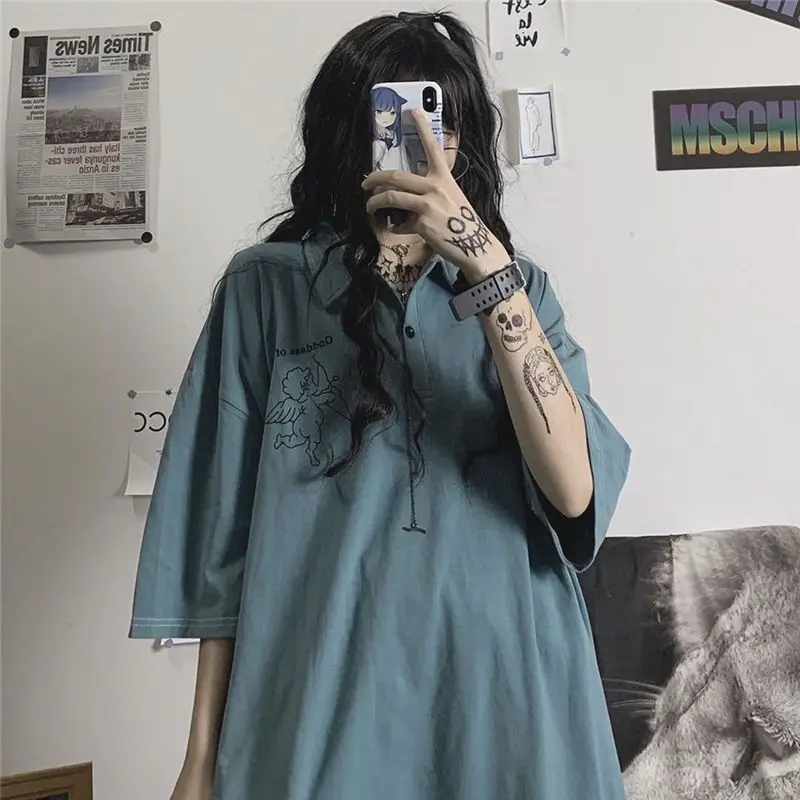 

Japanese cartoon letter printed short sleeve T-shirt women's summer Korean loose and simple Harajuku top women fashion clothing