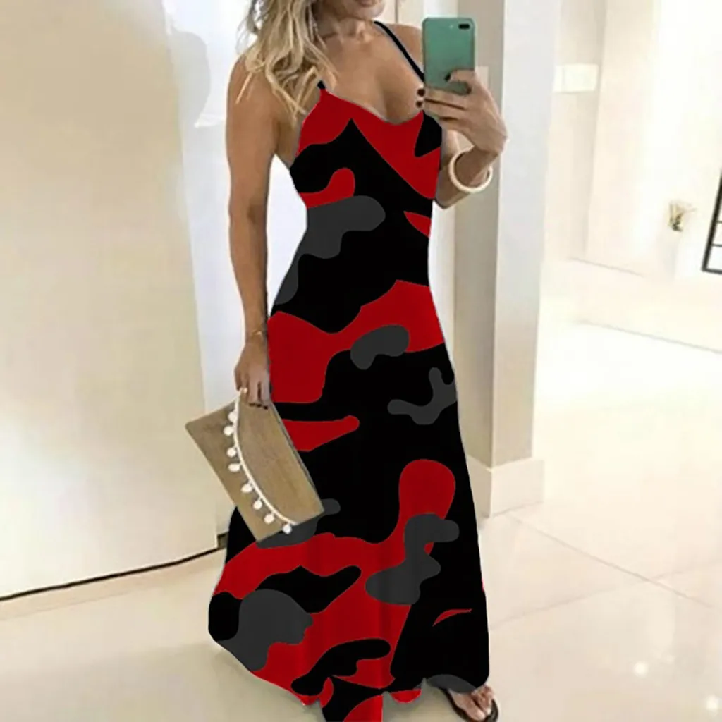

Vestidos V-neck Female Dresses Ankle-length Women's Ladies Plus Size Camouflage Sleeveless Long Dress Maxi Dress Femme Robe