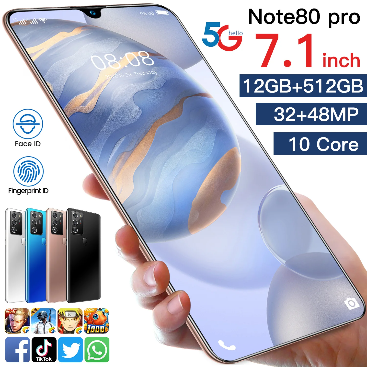 

Cost-effective Note80 Pro Global Version HD Smartphone 7.1-inch 12GB+512GB 5600mAh Face Fingerprint Unlock 10-core Cheap Phone
