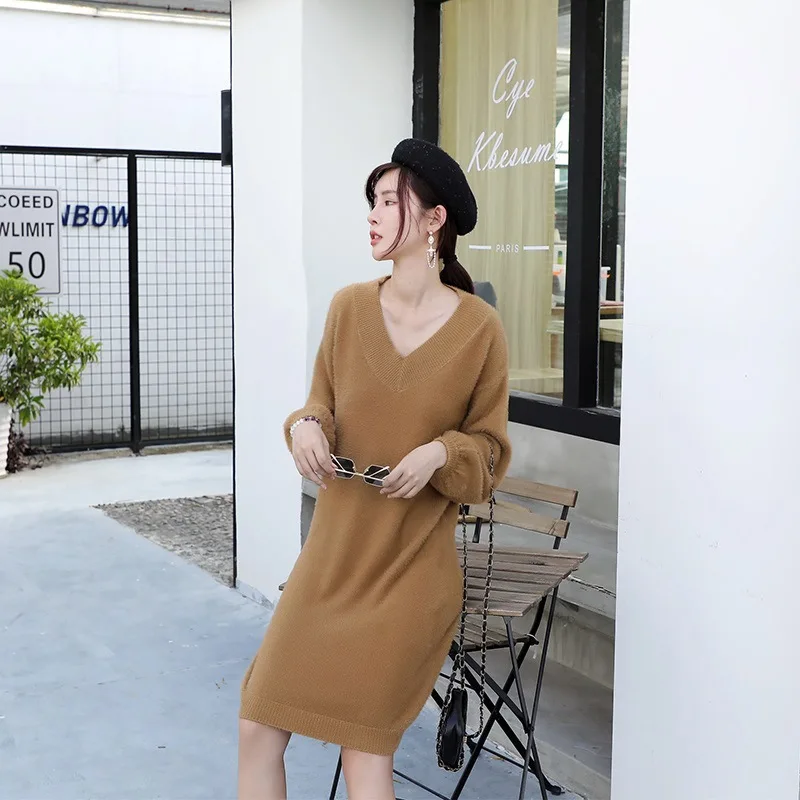 

2021 autumn winter v-neck short lantern sleeve thick sweater dress fur dress women loose mini dress Female chic straight dress