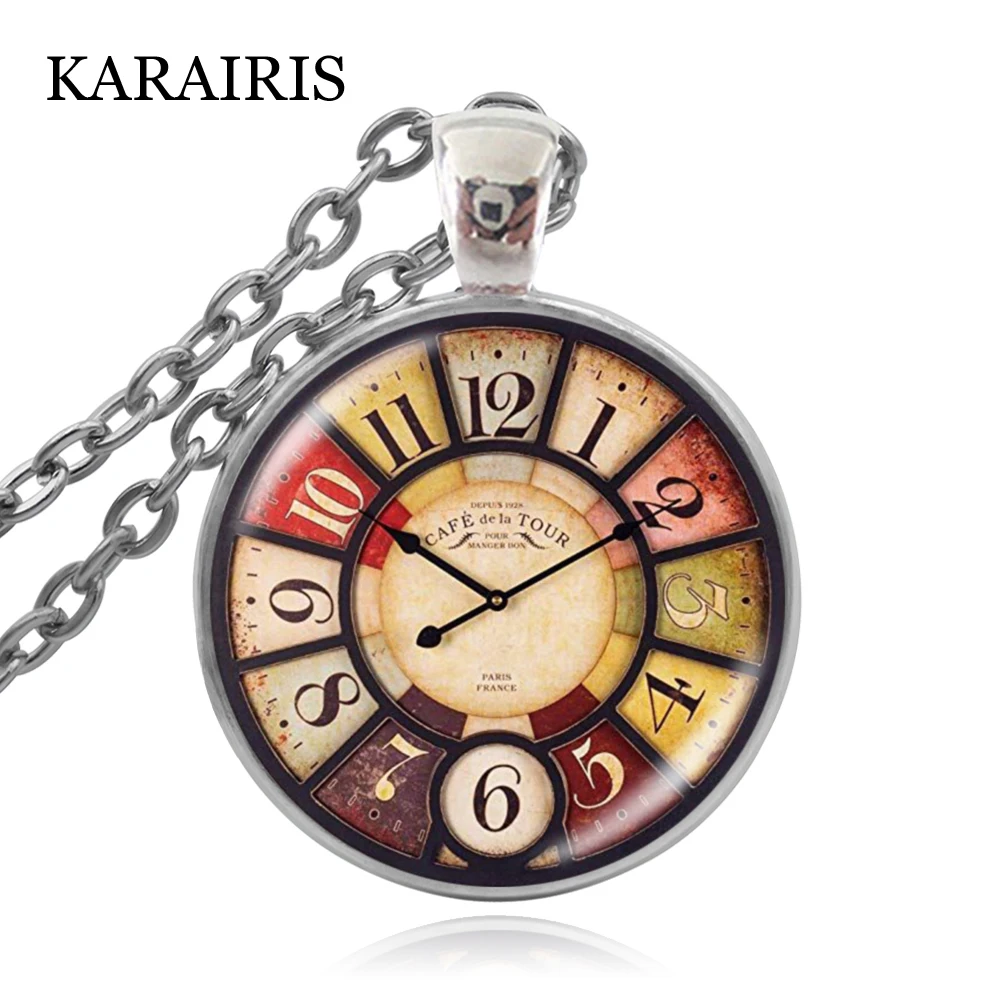 

KARAIRIS 2020 Vintage Fashion Fake Watch Time Gem Pendant Necklace Retro Glass Clock Pendant Necklace Sweater Chain Memory Gifts