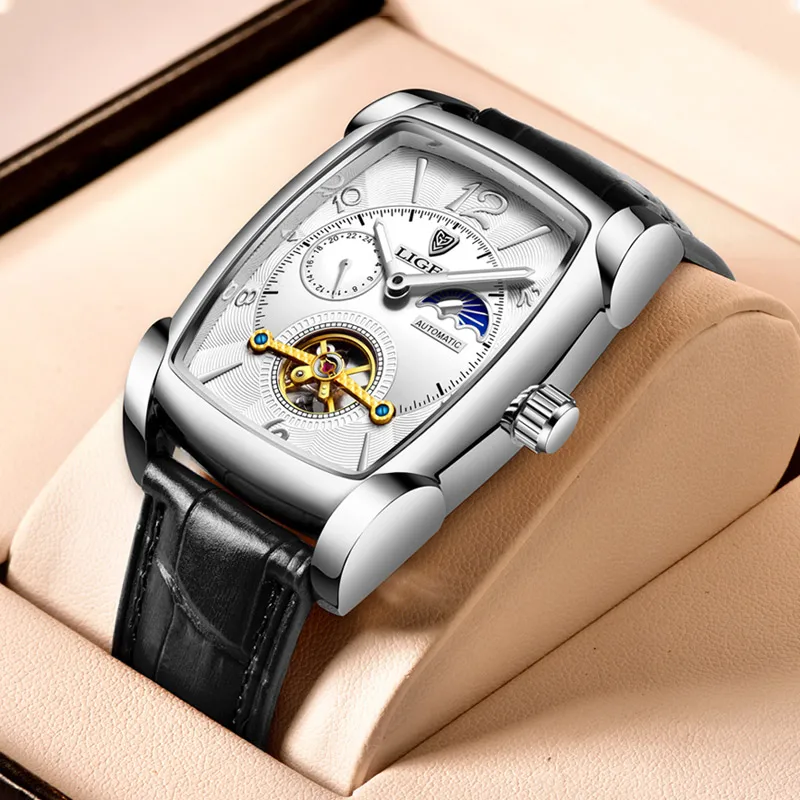 

LIGE Original Watch Men Top Brand Luxury Rectangle Automatic Watch Waterproof Luminous Leather Mechanical Wristwatch Men Clock