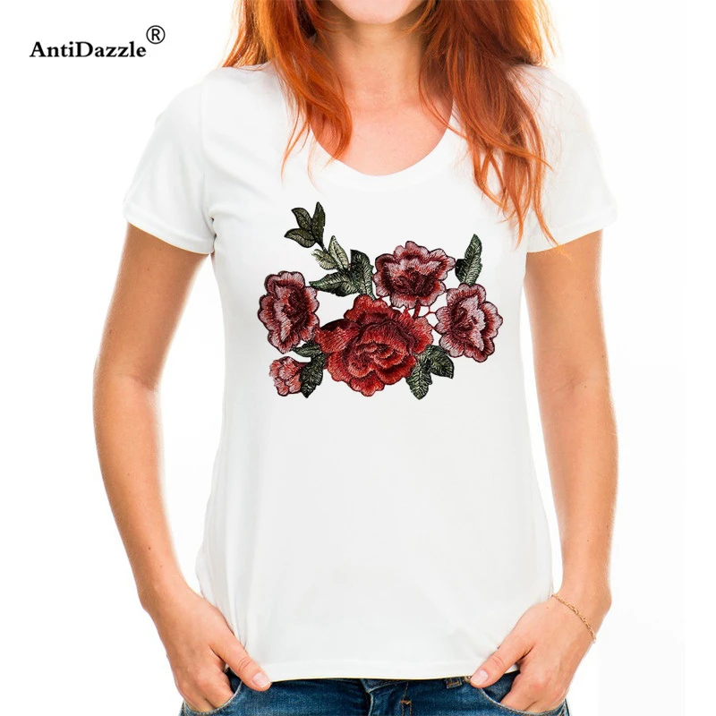 

Antidazzle 2017new t shirt embroidery flowers Rose Embroidery Printed Women Short Sleeve T shirt