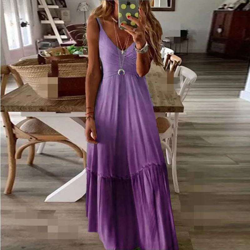 

2021 New Women Sleevess Summer Long Dress Gradient Color Backless Casual Beach Dress Boho Printing V Neck Holiday Vacation Dress