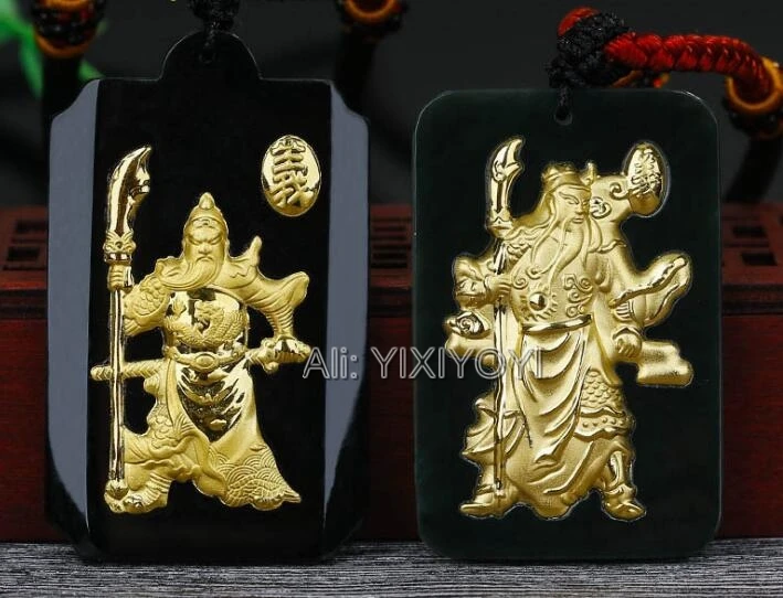 

Natural Dark Green Hetian Jade + Solid Gold Chinese Amulet Sword GuanGong Lucky Blessing Pendant + Necklace Certificate Jewelry