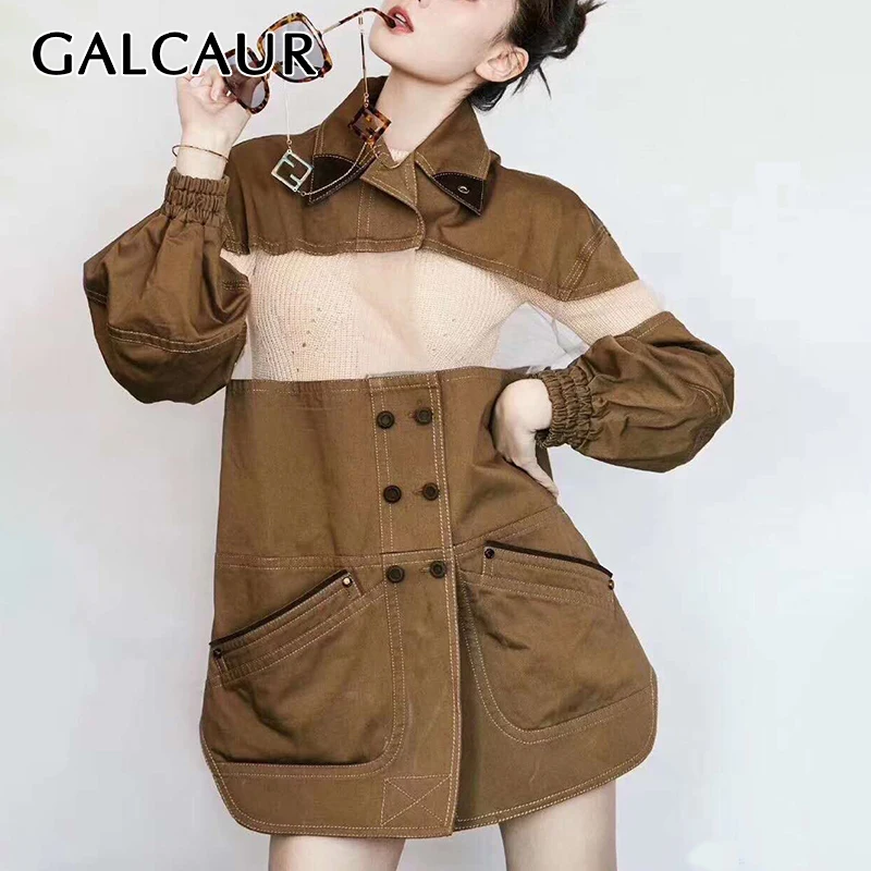 

GALCAUR Hit Color Jackets For Women Lapel Lantern Long Sleeve Patchwork Side Split Korean Coats Female 2021 Autumn Clothes Tide