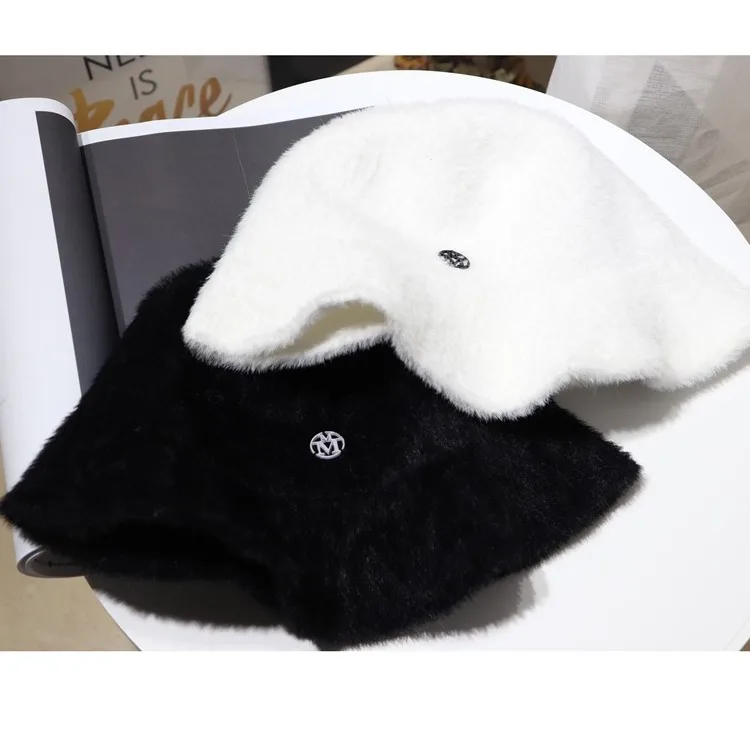 Women Autumn Winter Fashion Plush Warm Faux Mink Letter M Bucket Hat Standard Hat Bob Female Girls Fur Fisherman Hat Panama