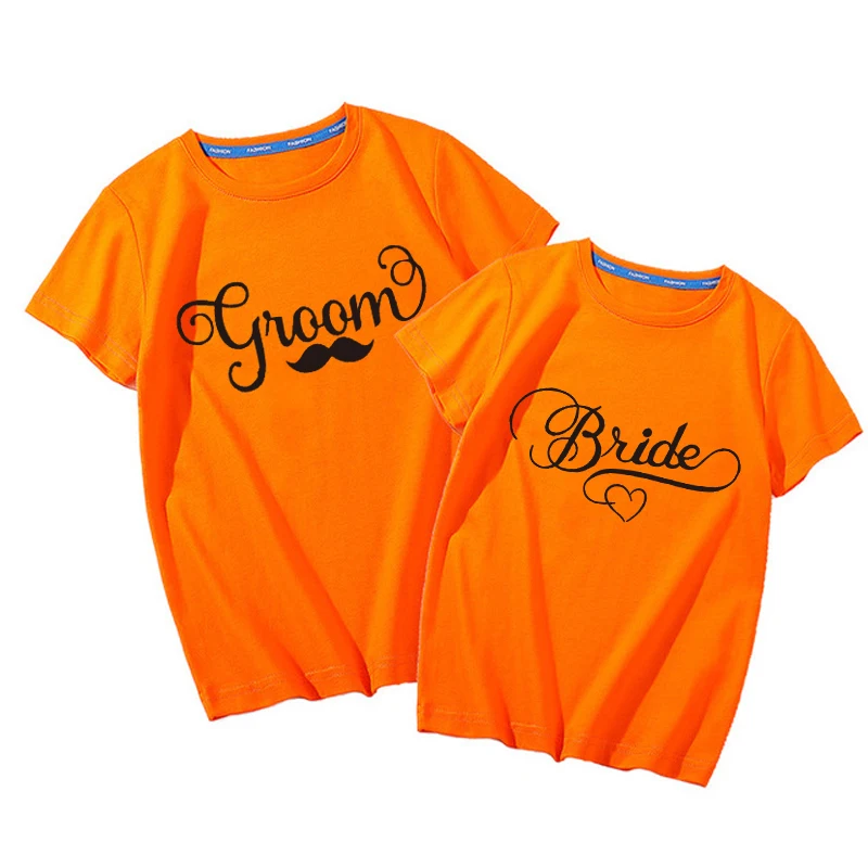 orange Bride Хлопок Жених и невеста с принтом в виде букв для Для женщин Для мужчин Повседневное смешные футболки Свадебная вечеринка верхний тройник битник Прямая поставка - Цвет: orange Bride