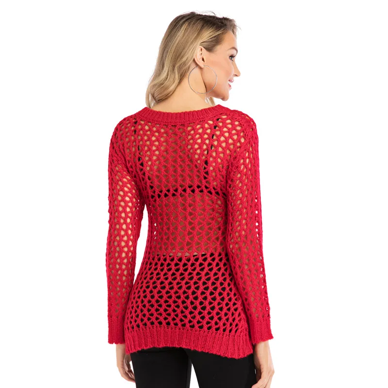 Женский прозрачный свитер сетчатые топы вязаные пуловеры с вырезами свитеры