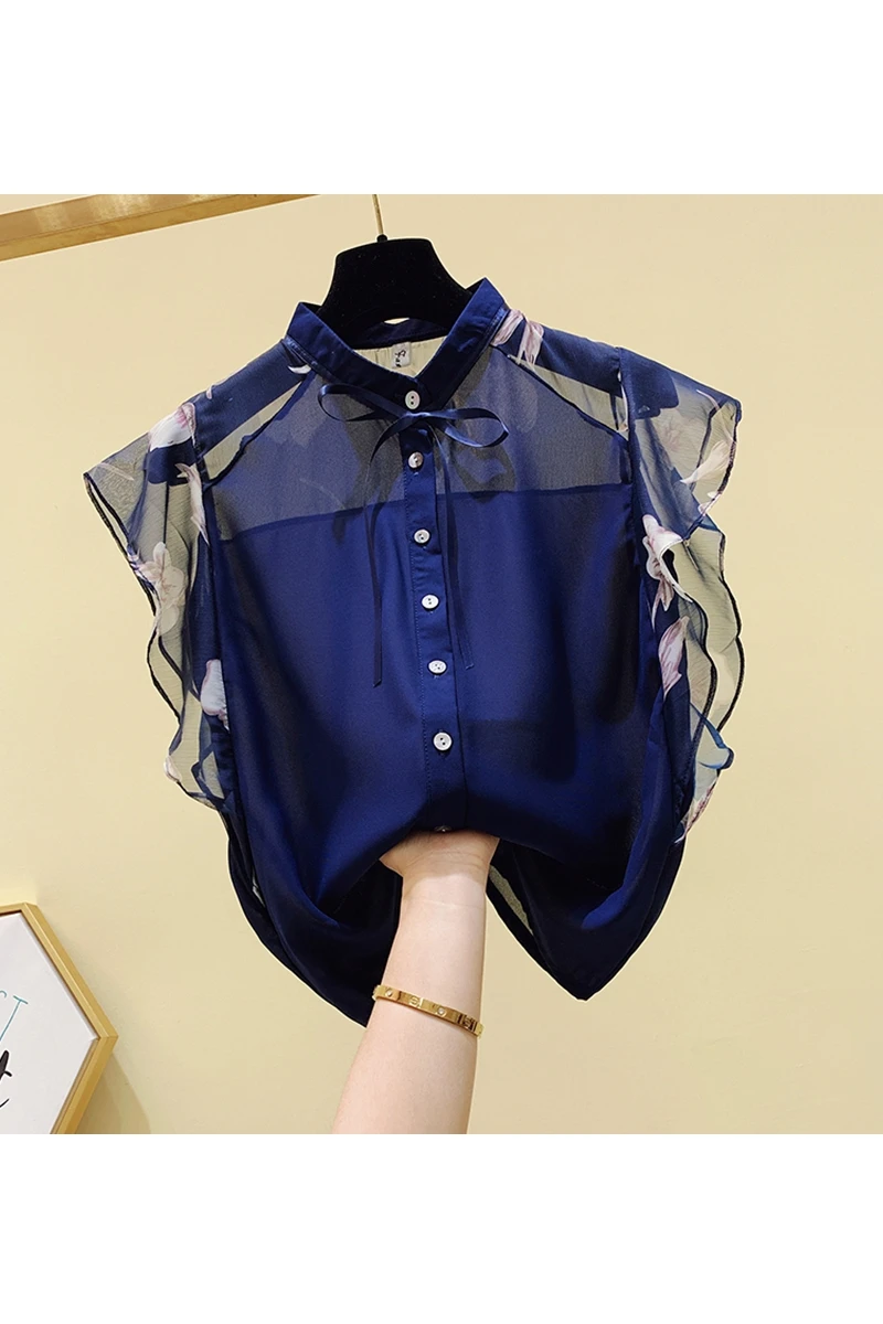 

SuperAen Stand Solid Lace Chiffon Short Sleeves Women Shirts 2021 Summer New Ruffles Fashion Tops