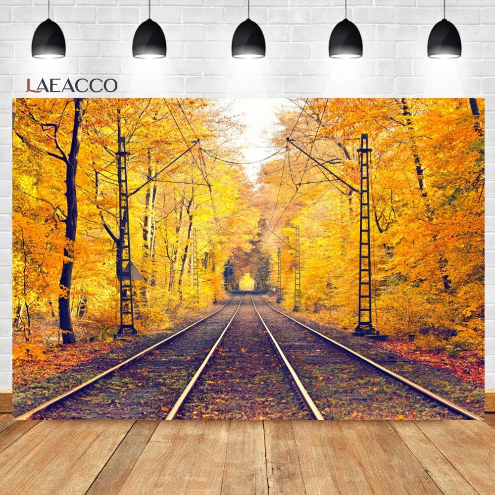 

Laeacco Autumn Desolate Railway Golden Falling Leaves Photocall Scene Background Child Portrait Customized Photography Backdrops