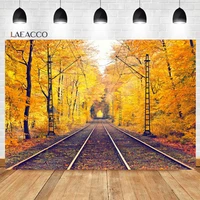 laeacco autumn desolate railway golden falling leaves photocall scene background child portrait customized photography backdrops