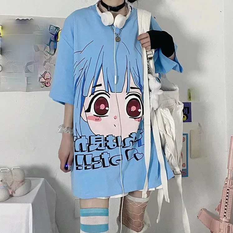 

Японский мультфильм футболка для женщин Harajuku Ullzang негабаритных Графические футболки со смешным рисунком Футболка 90s Аниме футболки синий y2k...