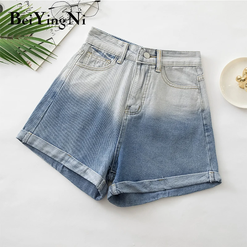 

Beiyingni Shorts Jeans Female Summer Loose Vintage Classic High Waist Gradient Short Pants Women Crimping Harajuku Denim Shorts