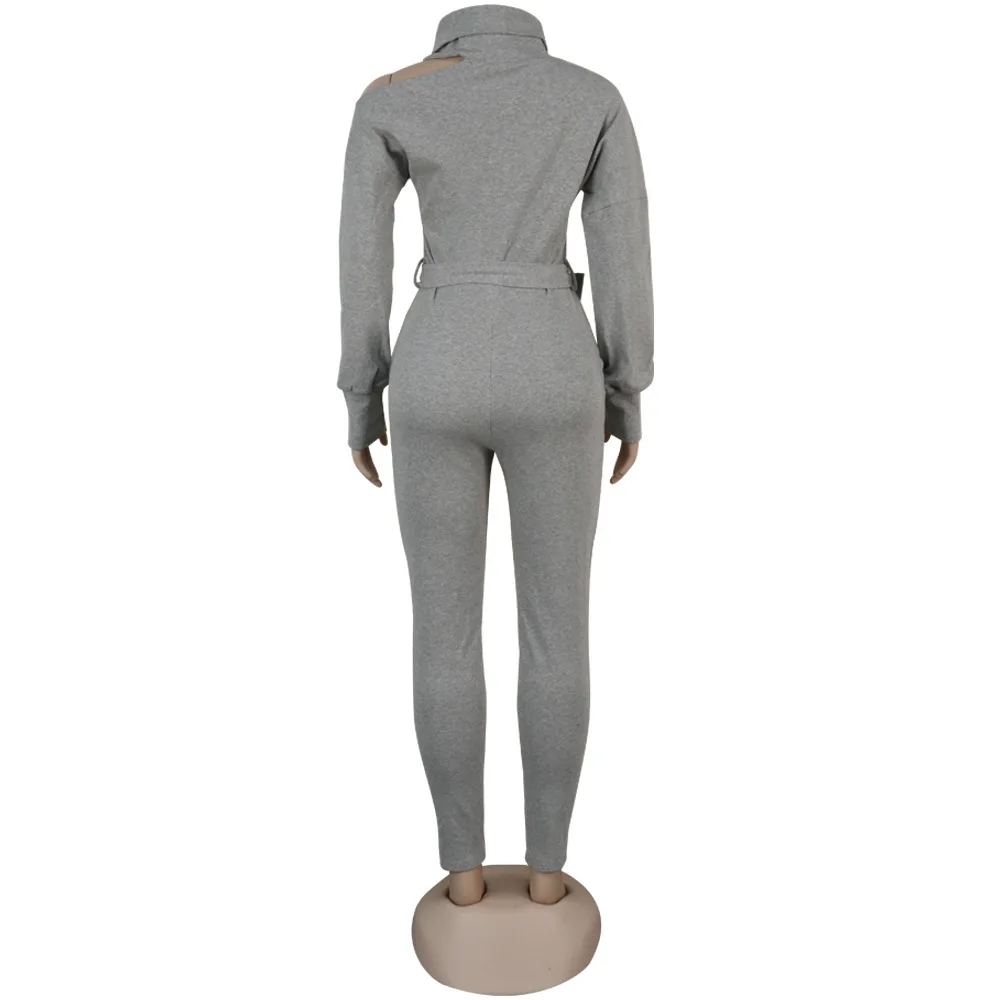 

New Winter Women Skinny Jumpsuits High Collar Full Sleeve Solid Sashes sexy Night Club Rompers One Piece Outfits