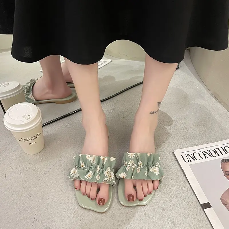 

Flat Shoes Female Low Flower Ladies' Slippers Slipers Women Luxury Slides 2021 Beach Designer PU Fabric Fashion Basic Floral Rub