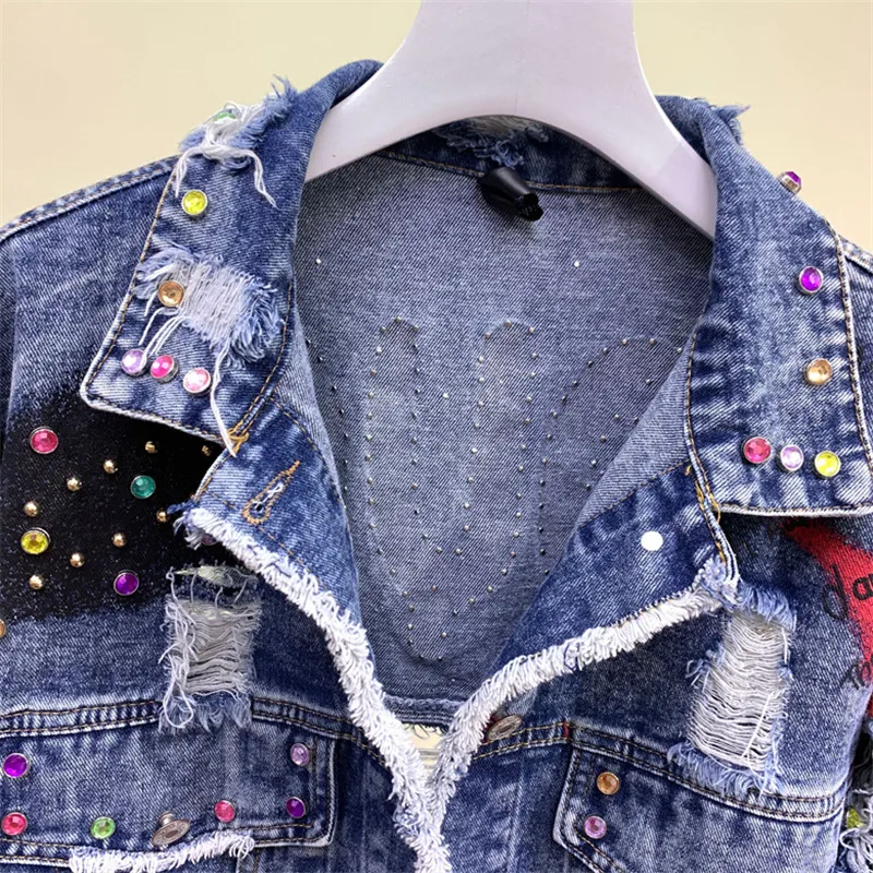 Женская джинсовая куртка с граффити Повседневная модная Базовая из денима