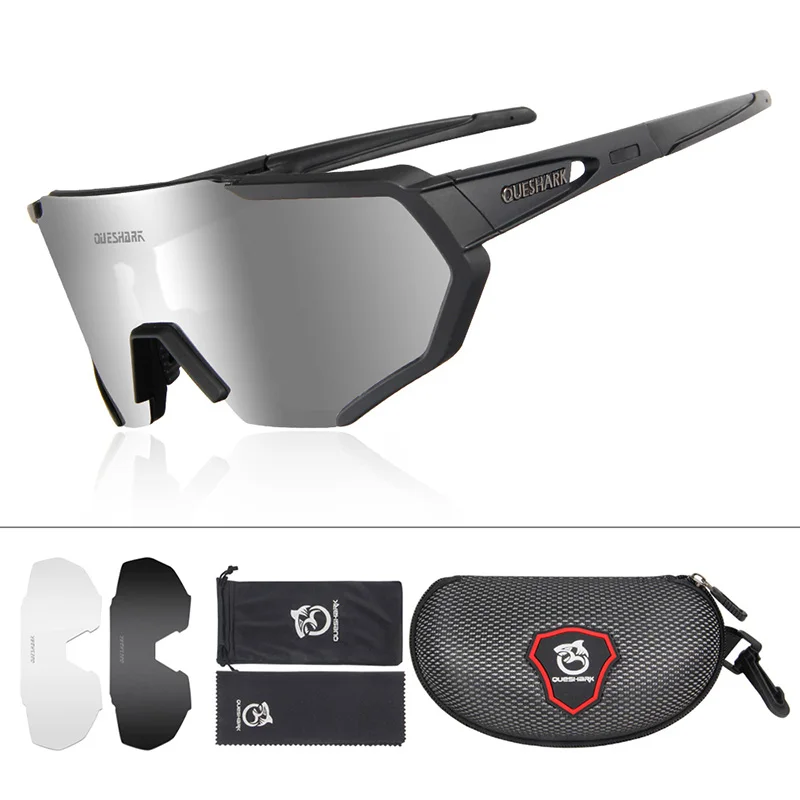 3 Lens Black Siliver QUESHARK, дизайн, очки для велоспорта для мужчин и женщин,, полностью покрытые линзы, UV400, поляризационные, 3 или 4 линзы, всего - Цвет: 3 Lens Black Siliver