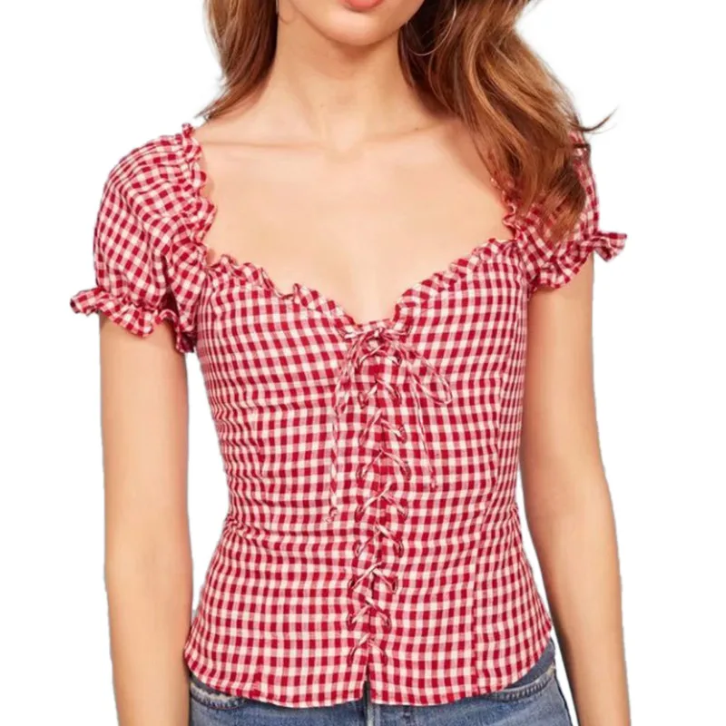 Летняя женская рубашка с коротким рукавом однотонный топ оборками Повседневные