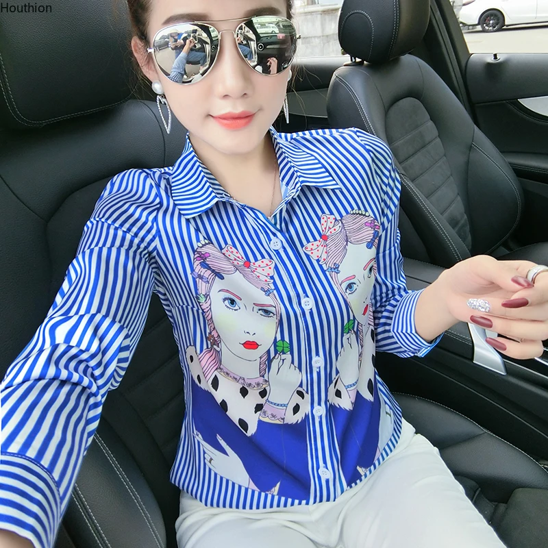 

Autumn New Women's Blouses Polo Shirt Long Sleeve Tops Striped Print Blouse Girl Chiffon Casual Fashion Lady Loose
