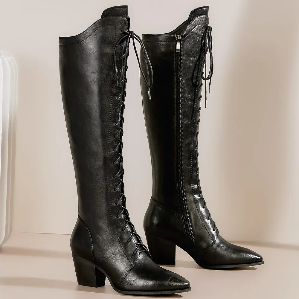 

Women's genuine leather thick high heel lace-up side zip winter knee high boots pointed toe female long warm plush boots shoes
