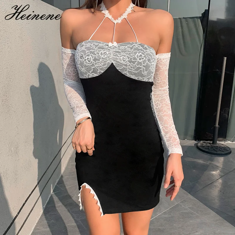 

Heinene Gothic Summer Party Lace Sexy Bodycon Tube top Dress Off Shoulder Harajuku Streetwear Backless Party Club Patchwork