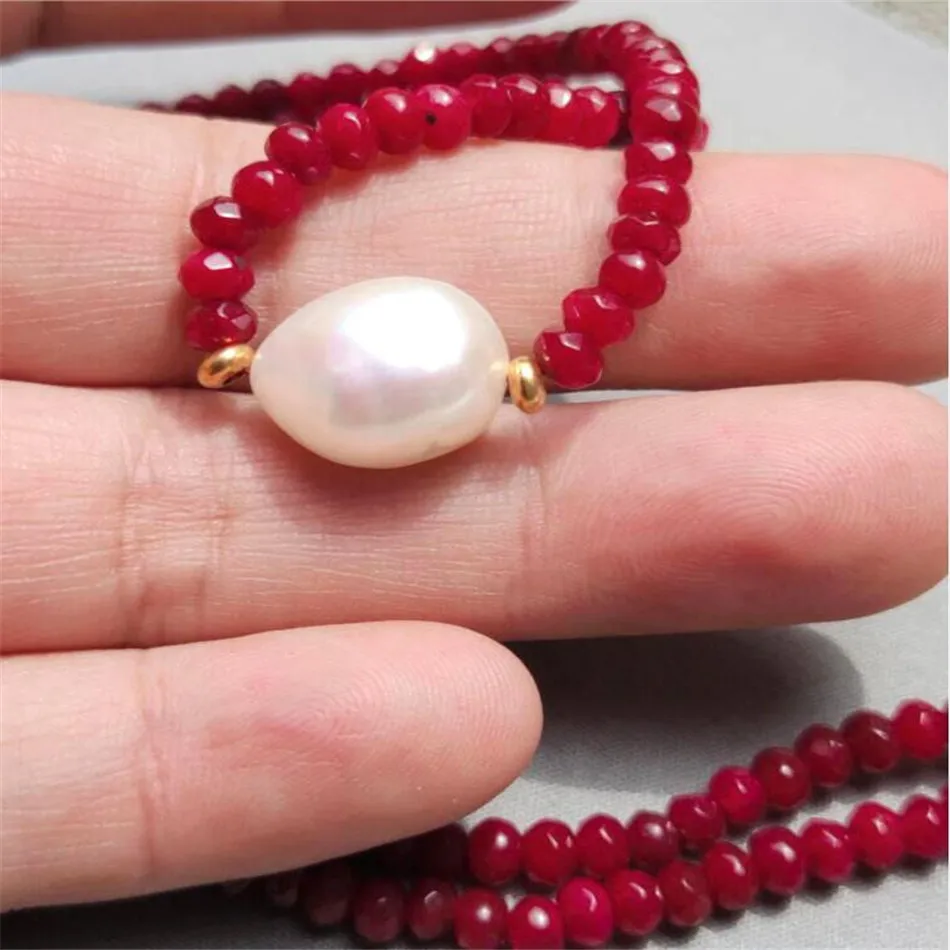

Red Chalcedony Baroque Pearl Pendant silver Necklace Classic Real Wedding Chain Flawless Women