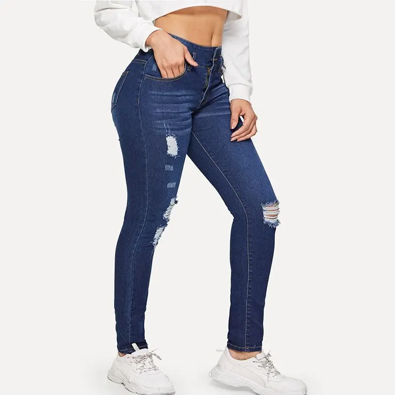 

Women's Jeans Autumn Vintage Solid Color Washed Slim Denim Pencil Pants Casual High Waist Button Zipper Ripped Pocket Jeans