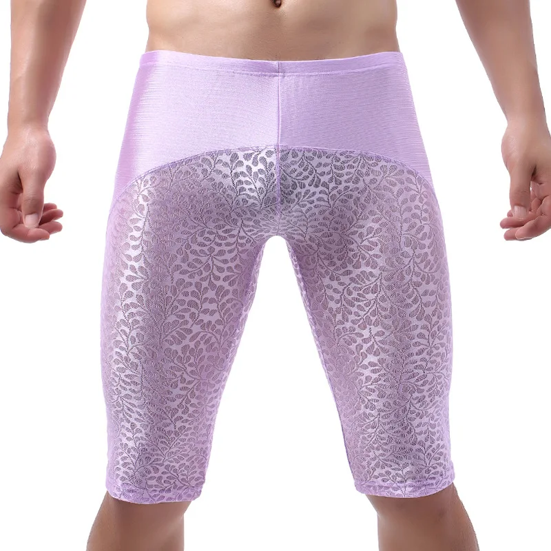 Sexy Men Underwear Long Boxers Smooth Ice Silk Lace Knee-length Boxer Low Rise Panties Trunks Home Wear High Quality