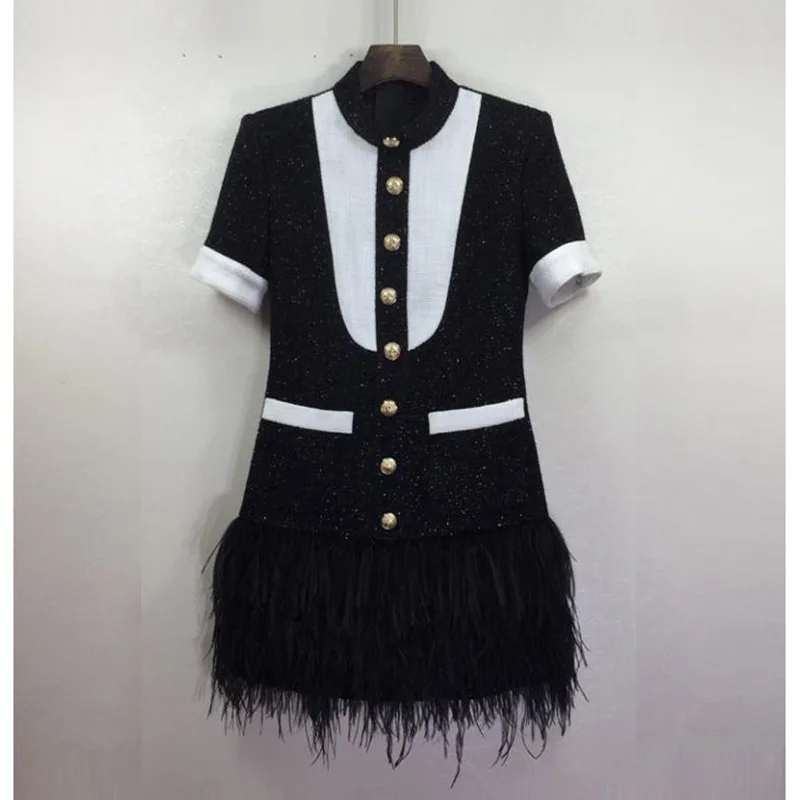 

[DEAT] Turtleneck Metal Button Black And White Contrast Color Patchwork Feather Dress Knee Length Mall Goth 2021 Summer GX436