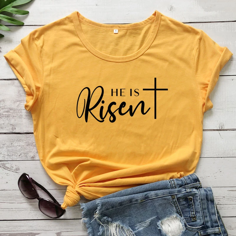 

He Is Risen 100%Cotton T-shirt Unisex Religious Christian Jesus Tee Shirt Top Casual Women Short Sleeve Easter Holiday Tshirt